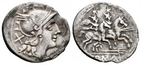 Anónimo. Denario. 200-190 a.C. Roma. (Ffc-63). (Craw-115/1). (Cal-40). Anv.: Cabeza de Roma a derecha, detrás: X. Rev.: Los Dioscuros a caballo a dere...