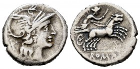 Anónimo. Denario. 157-156 a.C. Roma. (Ffc-77). (Craw-197/1). (Cal-52). Anv.: Cabeza de Roma a derecha, detrás: X. Rev.: Victoria en biga a derecha con...