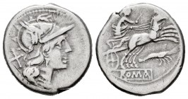 Anónimo. Denario. 179-170 a.C. Roma. (Ffc-79). (Craw-156/1). (Cal-54). Anv.: Cabeza de Roma a derecha, detrás: X. Rev.: Diana en biga a derecha, con c...