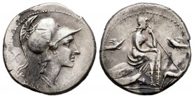 Anónimo. Denario. 115-114 a.C. Italia Central. (Ffc-83). (Craw-287/1). (Cal-58). Anv.: Cabeza de Roma a derecha detrás: X, debajo: ROMA. Rev.: Roma co...