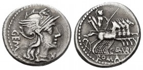 Aburia. C. Aburius Geminus. Denario. 134 a.C. Roma. (Ffc-89). (Craw-244/1). (Cal-61). Anv.: Cabeza de Roma a derecha, delante: X, detrás: GEM. Rev.: M...