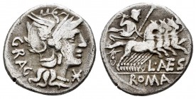 Antestia. L. Antestius Gragulus. Denario. 136 a.C. Roma. (Ffc-151). (Craw-238/1). (Cal-127). Anv.: Cabeza de Roma a derecha, delante: X Ley./detrás: G...
