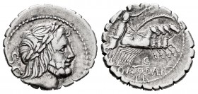 Antonia. C. Antius C.f. Restio. Denario. 83-82 a.C. Taller Auxiliar de Roma. (Ffc-157). (Craw-364/1b). (Cal-140). Anv.: Cabeza laureada de Júpiter a d...