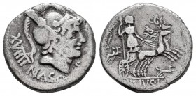 Axia. Lucius Axius L.f. Naso. Denario. 71 a.C. Roma. (Ffc-194). (Craw-400/1b). (Cal-265). Anv.: Cabeza de Marte a derecha, el yelmo con crin, detrás n...