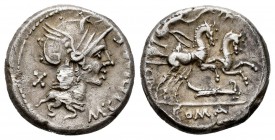 Cipia. M. Cipius M.F. Denario. 115-114 a.C. Incierta. (Ffc-563). (Craw-289/1). (Cal-422). Anv.: Cabeza de Roma a derecha, Ley./delante: M. CIPI. M.F.,...