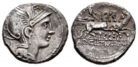 Claudia. Appius Claudius Pulcher. Denario. 110-109 a.C. Roma. (Ffc-564). (Craw-299/1a). (Cal-423). Anv.: Cabeza de Roma a derecha, detrás: objeto tria...