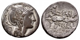 Claudia. Appius Claudius Pulcher. Denario. 110-109 a.C. Roma. (Ffc-564). (Craw-299/1a). (Cal-423). Anv.: Cabeza de Roma a derecha, detrás: objeto tria...