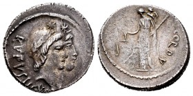Cordia. Manius Cordius Rufus. Denario. 46 a.C. Roma. (Ffc-602). (Craw-463/1b). (Cal-465). Anv.: Cabezas diademadas de los Dioscuros a derecha, surmont...