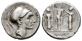 Cornelia. Cnaeus Cornelius Blasio. Denario. 112-111 a.C. Sur de Italia. (Ffc-609). (Craw-296/1b). (Cal-470). Anv.: Cabeza de Escipion el Africano a de...