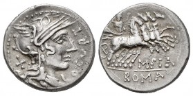 Curtia. Quintus Curtius. Denario. 116-115 a.C. Norte de Italia. (Ffc-669). (Craw-285/2). (Cal-534). Anv.: Cabeza de Roma a derecha, detrás: X, delante...