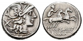 Decimia. Decimius Flavus. Denario. 150 a.C. Roma. (Ffc-673). (Craw-207/1). (Cal-538). Anv.: Cabeza de Roma a derecha, detrás: X. Rev.: Diana con látig...