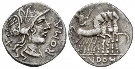 Domitia. Cnaeus Domitius Ahenobarbus. Denario. 116-115 a.C.. Norte de Italia. (Ffc-681). (Craw-285/1). (Cal-544). Anv.: Cabeza de Roma a derecha detrá...