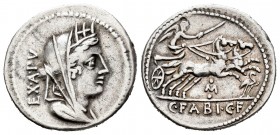 Fabia. C. Fabius C.f. Hadrianus. Denario. 104 a.C. Roma. (Ffc-703). (Craw-322/1b). (Cal-575). Anv.: Cabeza de Cibeles velada y con corona mural a dere...