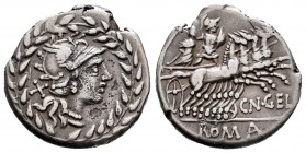 Gellia. Cnaeus Gellius. Denario. 138 a.C. Roma. (Ffc-740). (Craw-232). (Cal-610). Anv.: Cabeza de Roma a derecha, detrás: X., todo ello rodeado por co...