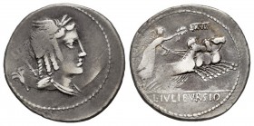 Julia. L. Julius Bursio. Denario. 85 a.C. Taller Auxiliar de Roma. (Ffc-768). (Cal-635). Anv.: Cabeza alada y laureada de Apolo Vejovis a derecha, det...