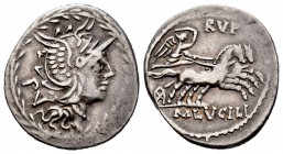 Lucilia. M. Lucilius Rufus. Denario. 101 a.C. Norte de Italia. (Ffc-821). (Craw-324/1). (Cal-909). Anv.: Cabeza de Roma a derecha, detrás: P.V., todo ...
