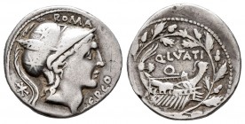Lutatia. Q. Lutatius Cerco. Denario. 109-108 a.C. Sudeste de Italia. (Ffc-828). (Craw-305/1). (Cal-914). Anv.: Cabeza de Apolo o Marte a derecha, detr...