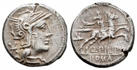 Marcia. Q. Marcius Philipus. Denario. 129 a.C. Roma. (Ffc-849). (Craw-259/1). (Cal-933). Anv.: Cabeza de Roma a derecha, detrás: X. Rev.: Jinete con l...