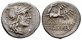 Marcia. Q. Marcius, C. Fabius, L.Roscius. Denario. 118-117 a.C. Norte de Italia. (Ffc-853). (Craw-283/1a). (Cal-936). Anv.: Cabeza de Roma a derecha, ...