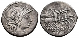 Minucia. L. Minucius Thermus. Denario. 133 a.C. Roma. (Ffc-921). (Craw-248/1). (Cal-1023). Anv.: Cabeza de Roma a derecha, detrás: X. Rev.: Júpiter en...