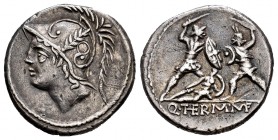Minucia. Q. Minucius Thermus M.f. Denario. 103 a.C. Roma. (Ffc-928). (Craw-319/1). (Cal-1029). Anv.: Cabeza de Marte a izquierda. Rev.: Dos soldados c...