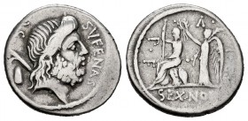 Nonia. M. Nonius Sufenas. Denario. 59 a.C. Roma. (Ffc-941). (Craw-421/1). (Cal-1048). Anv.: Cabeza de Saturno a derecha, detrás: arpa y ¿vaso?, encima...