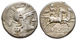 Opimia. M. Opeimius. Denario. 131 a.C. Roma. (Ffc-950). (Craw-254/1). (Cal-1056). Anv.: Cabeza de Roma a derecha delante: X, detrás trípode. Rev.: Apo...