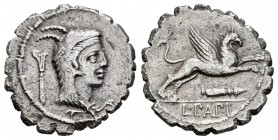 Papia. L. Papius. Denario. 79 a.C. Taller Auxiliar de Roma. (Ffc-952). (Craw-384/1). (Cal-1057). Anv.: Cabeza de Juno Sospita a derecha tocado con pie...