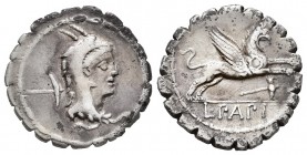 Papia. L. Papius. Denario. 79 a.C. Taller Auxiliar de Roma. (Ffc-952). (Craw-384/1). (Cal-1057). Anv.: Cabeza de Juno Sospita a derecha tocado con pie...