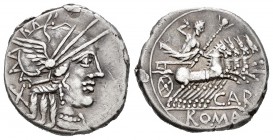 Papiria. Papirius Carbo. Denario. 122 a.C. Taller Auxiliar de Roma. (Ffc-958). (Craw-279/1). (Cal-1062). Anv.: Cabeza de Roma a derecha, detrás: X. Re...