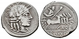 Papiria. Papirius Carbo. Denario. 122 a.C. Taller Auxiliar de Roma. (Ffc-958). (Craw-279/1). (Cal-1062). Anv.: Cabeza de Roma a derecha, detrás: X. Re...