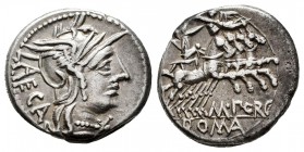 Porcia. Marcius Porcius Laeca. Denario. 125 a.C. Roma. (Ffc-1051). (Craw-270/1). (Cal-1197). Anv.: Cabeza de Roma a derecha, delante: X,detrás: LAECA....
