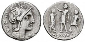 Porcia. P. Porcius Laeca. Denario. 110-109 a.C. Roma. (Ffc-1055). (Craw-301/1). (Cal-1201). Anv.: Cabeza de Roma a derecha, delante: X. Ley./ encima: ...