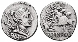 Postumia. Aulus Postumius Albinus. Denario. 96 a.C. Taller Auxiliar de Roma. (Ffc-1065). (Craw-335/9). (Cal-1210). Anv.: Busto de Diana a derecha, con...