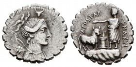Postumia. A. Postumius A.f. Sp.n. Albinus. Denario. 81 a.C. Taller Auxiliar de Roma. (Ffc-1071). (Craw-372/1). (Cal-1215). Anv.: Busto de Diana a dere...
