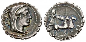 Procilia. L. Procilius f. Denario. 80 a.C. Sur de Italia. (Ffc-1082). (Craw-379/2). (Cal-1225). Anv.: Cabeza de Juno Sospita, tocado con piel de cabra...