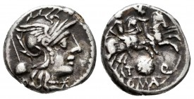 Quinctia. T. Quinetius Flaminius. Denario. 126 a.C. Roma. (Ffc-1084). (Craw-267/1). (Cal-1227). Anv.: Cabeza de Roma a derecha, delante:X, detrás: bon...