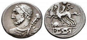Quinctia. Ti. Quinctius. Denario. 112-111 a.C. Italia Central. (Ffc-1086). (Craw-no cita). (Cal-1228a). Anv.: Busto de Hércules a izquierda, maza sobr...