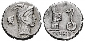 Roscia. L. Roscius. Denario. 62 a.C. Italia Central. (Ffc-1090). (Craw-412/1). (Cal-1231). Anv.: Cabeza de Juno Sospita tocado con piel de cabra a der...