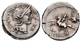 Sergia. M. Sergius Silus. Denario. 116-115 a.C. Norte de Italia. (Ffc-1111). (Craw-286/1). (Cal-1271). Anv.: Cabeza de Roma a derecha, detrás: X, detr...