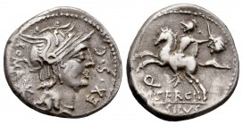 Sergia. M. Sergius Silus. Denario. 116-115 a.C. Norte de Italia. (Ffc-1111). (Craw-286/1). (Cal-1271). Anv.: Cabeza de Roma a derecha, detrás: X, detr...