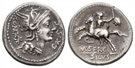Sergia. M. Sergius Silus. Denario. 116-115 a.C. Norte de Italia. (Ffc-1111). (Craw-286/1). (Cal-1271). Anv.: Cabeza de Roma a derecha, detrás: X, detr...