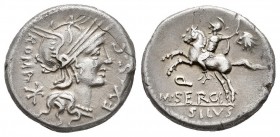 Sergia. M. Sergius Silus. Denario. 116-115 a.C. Norte de Italia. (Ffc-1111). (Craw-286/1). (Cal-1271). Anv.: Cabeza de Roma a derecha, detrás: X, detr...