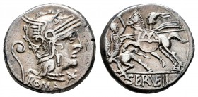 Servilia. Caius Serveilius. Denario. 127 a.C. Roma. (Ffc-1114). (Craw-264/1). (Cal-1274). Anv.: Cabeza de Roma a derecha, delante: X., detrás: lituo, ...