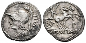 Servilia. P. Servilius M.f. Rullus. Denario. 100 a.C. Norte de Italia. (Ffc-1118). (Craw-328/1). (Cal-1277). Anv.: Cabeza de Minerva a izquierda,detrá...