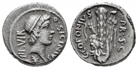 Sicinia. Q. Sicinius y C. Coponius. Denario. 49 a.C. Roma. (Ffc-1125). (Craw-444/1a). (Cal-1282). Anv.: Cabeza diademada de Apolo a derecha, debajo de...