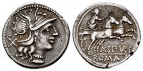Spurilia. A. Spurilius. Denario. 139 a.C. Roma. (Ffc-1131). (Craw-230/1). (Cal-1286). Anv.: Cabeza de Roma a derecha, detrás: X. Rev.: Diana con látig...