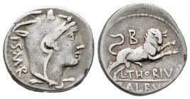 Thoria. L. Thorius Balbus. Denario. 105 a.C. Norte de Italia. (Ffc-1141). (Craw-316/1). (Cal-1300). Anv.: Cabeza de Juno Sospita a derecha, cubierta c...