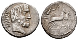 Tituria. L. Titurius L.f. Sabinas. Denario. 89 a.C. Roma. (Ffc-1149). (Craw-no cita). (Cal-1306). Anv.: Cabeza del rey Tatius a derecha, detrás: SABIN...