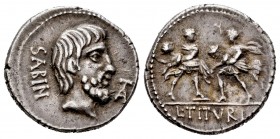 Tituria. L. Titurius L.f. Sabinas. Denario. 89 a.C. Roma. (Ffc-1153). (Craw-344/1c). (Cal-1311). Anv.: Cabeza del rey Tatius a derecha, (con distintos...